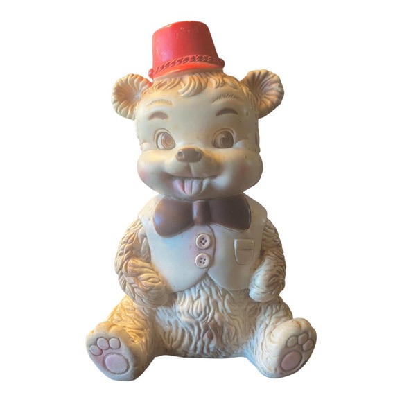 Rubber Squeak Toy Bear Edward Mobley Co Hat Tie Vest Works Vintage READ - Picture 1 of 11